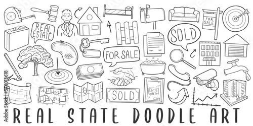 Real State Doodle Icons. Hand Made Line Art. Building Business Clipart Logotype Symbol Design.
