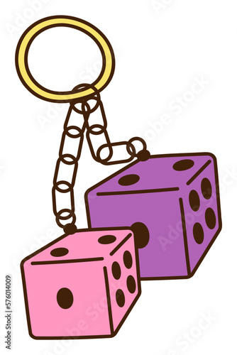 Cute doodle keychain with dice from the collection of girly stickers. Cartoon color vector illustration.