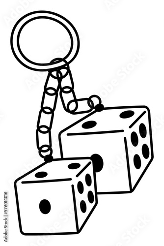 Cute doodle keychain with dice from the collection of girly stickers. Cartoon color vector illustration.