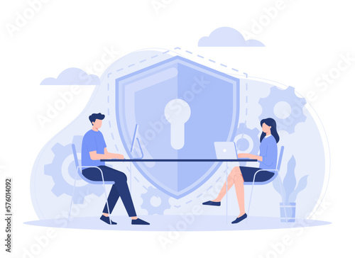 Two people working on innovations for security system, concept of data protection