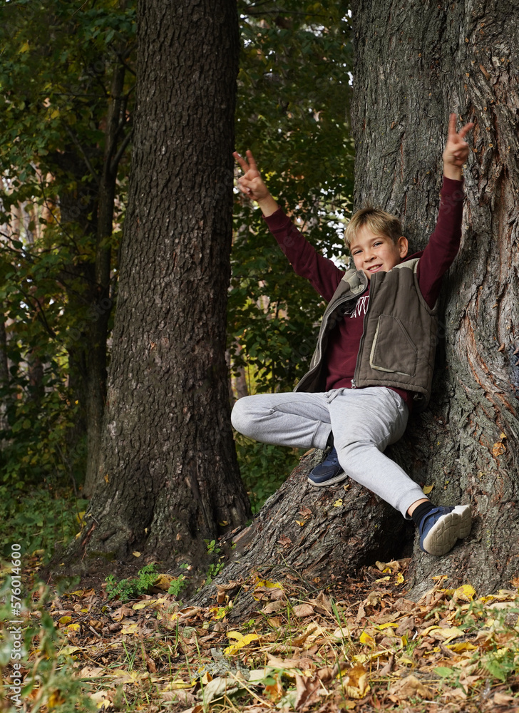Funny young boy outdoors near oak. Funny young boy outdoors near oak.