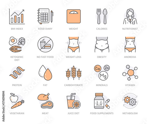 Nutritionist flat line icon set. Diet food, nutrition icons - protein, fat, carbohydrate, fit body vector illustrations. Outline pictogram for overweight treatment. Orange color. Editable Stroke