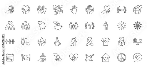 Charity line icons set. NGO fund, nonprofit foundation, elderly care, volunteer, blood donor, food donation, social help vector illustration. Outline signs about humanitarian aid. Editable Stroke