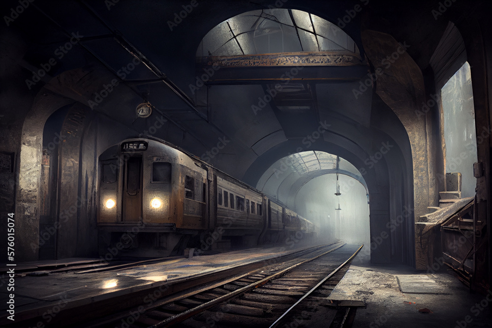 Obraz premium A modern train rides in a dilapidated tunnel. AI generated
