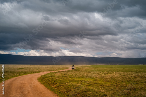 Safari jeep on the trail in Ngorongoro Volcano National Park, Tanzania