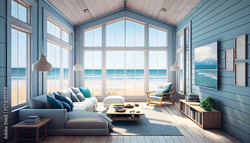 Large living room with a sea view in a lavish summer beach home with white and blue furniture. interior of a holiday house or villa. generative ai 