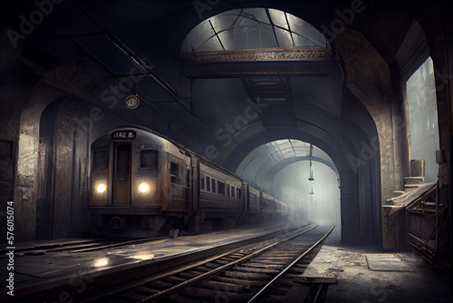 A modern train rides in a dilapidated tunnel. AI generated