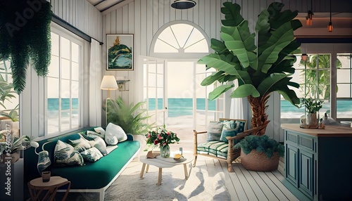 가구, 생성 인공 지능, 편안한 오렌지 인테리어, 열대 전망 럭셔리 여행, 바다 배경을 갖춘 현대적인 밝은 녹색 식물 목조 여름 해변 집, generative ai