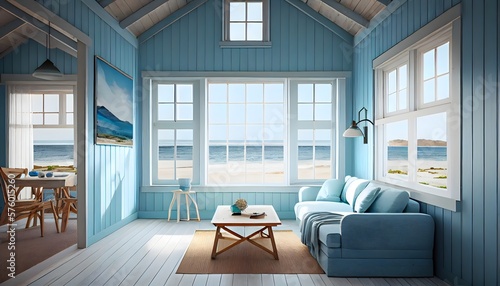 Large living room with a sea view in a lavish summer beach home with white and blue furniture. interior of a holiday house or villa. generative ai 
