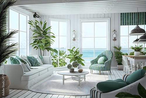 Fototapeta Naklejka Na Ścianę i Meble -  Une maison de plage d'été en bois de plantes vert clair moderne avec des meubles, generative ai, un intérieur orange de relaxation et un voyage de luxe avec vue tropicale, fond d'océan