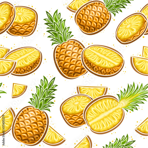 Fototapeta Naklejka Na Ścianę i Meble -  Vector Pineapple Seamless Pattern, square repeat background with illustration of pineapple still life with green leaves for wrapping paper, group of flat lay ripe pineapple fruits on white background