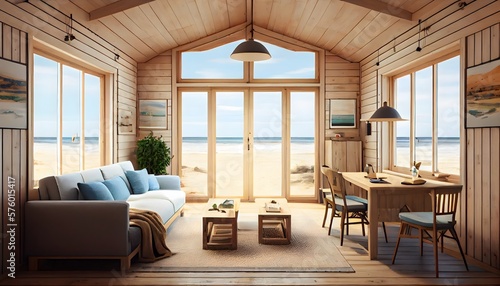 Large living room with a sea view in a lavish summer beach home with wooden wall and white furniture. interior of a holiday house or villa. generative ai 