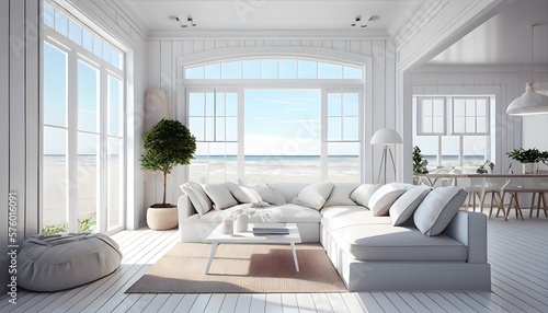 A modern light white wooden summer beach house with furniture, generative ai, relaxation white interior and tropical view luxury travel, ocean background, 