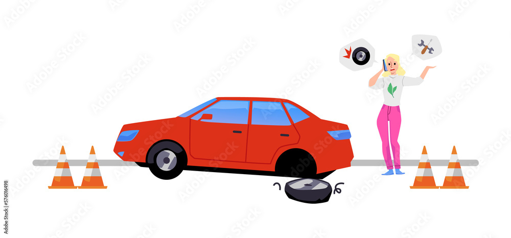 Fototapeta premium Woman calling repair shop or tow truck to help with broken car, flat vector illustration isolated on white background.