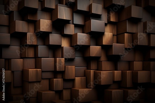Dark Wooden cubes forming a wall, symmetrical. Generative AI