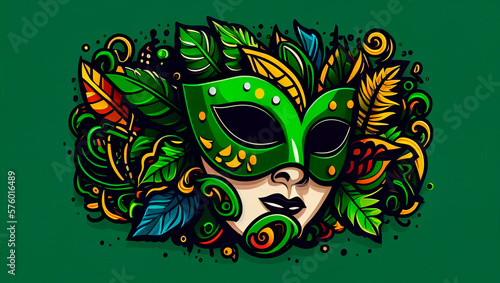 Madrid venetian mask sticker, vector , 2D, illustration, digital art, green color, brazil carnival. 06