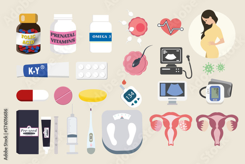 Collection of pregnancy and medical equipments. Medicine for mother, folic, acid, syringe, thermometer, omega, sperm, fertilization. Vector illustration in a flat style.