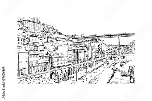 Building view with landmark of Porto is a coastal city in northwest Portugal. Hand drawn sketch illustration in vector.