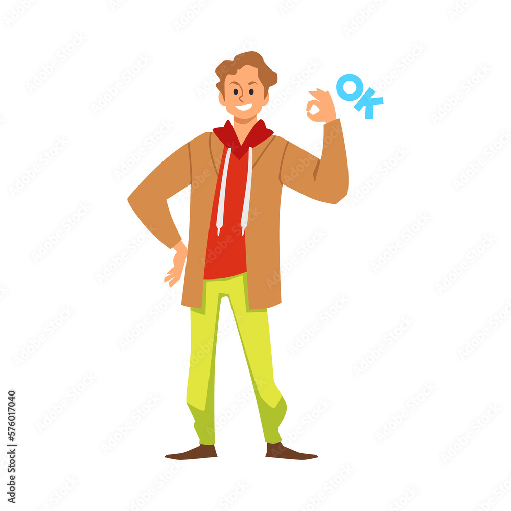 Young cheerful man shows OK sign with fingers flat vector illust