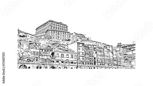 Building view with landmark of Porto is a coastal city in northwest Portugal. Hand drawn sketch illustration in vector.