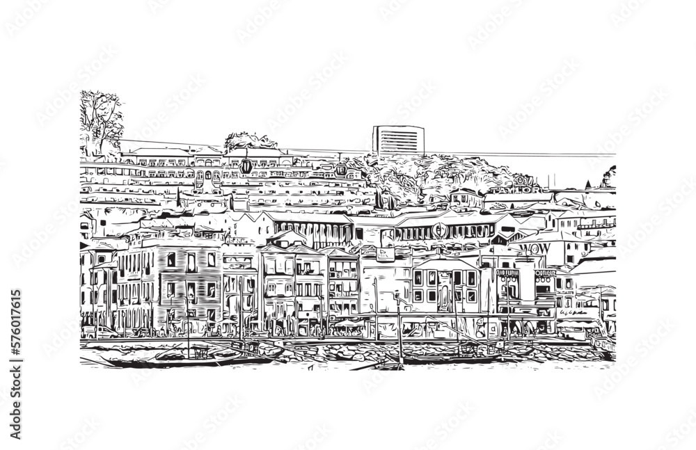 Building view with landmark of Porto is a coastal city in northwest Portugal. Hand drawn sketch illustration in vector.