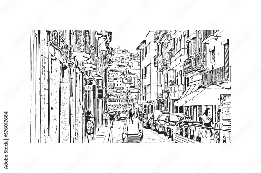 Building view with landmark of Porto is a coastal city in northwest Portugal. Hand drawn sketch illustration in vector.