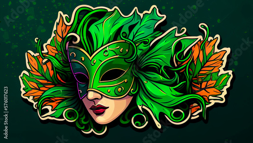 Madrid venetian mask sticker, vector , 2D, illustration, digital art, green color, brazil carnival. 08