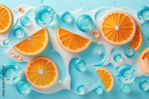 Background of beautiful orange fruit slices on frozen surface. Generative AI