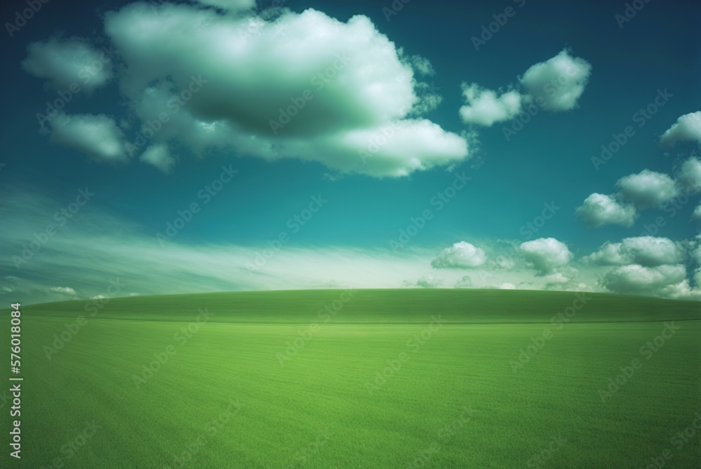 Fresh green field spring landscape with blue sky. Minimalistic empty scene. Generative AI