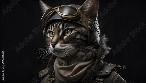 Aviator cat. Cat dressed as an aviator with jacket, hat and goggles.