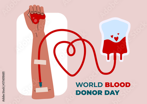 World Blood Donor Day poster. Blood bag and human hand. Give blood save life. Heart in donor's hand connected to vein. Donation, transfusion in medicine laboratory. June 14. Vector flat illustration
