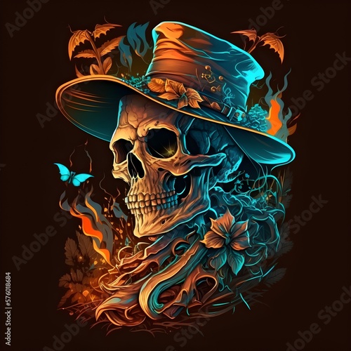 Artistic skull. Tattoo design. Skull wearing a hat