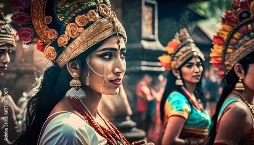 Balinese celebrating “Galungan and Kuningan” in Bali temple, Generative AI