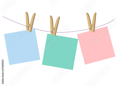 vector blank post-its.Multi-colored note paper on a white background hangs on a rope.
