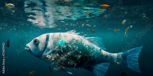 A fish swims among the pollution of the ocean with a plastic bag. Environment concept