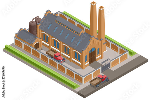 Isometric Industrial plant, factory. Vintage building. Old beer factory or Old manufactory