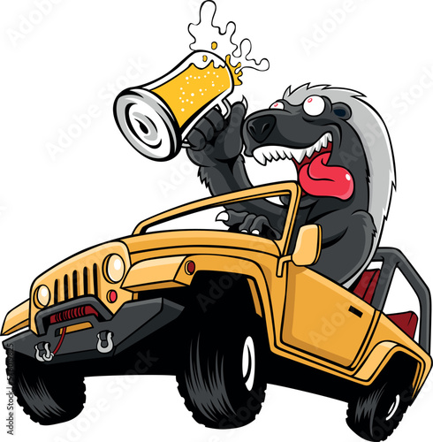 Crazy Honey Badger (Ratel) Driving Terrain Racing Car with a Glass of Beer