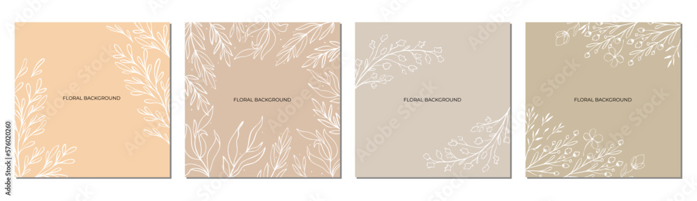 Neutral boho elegant vector hand drawn illustration background, line art contour floral branches, flowers and florals banner, poster, card design.