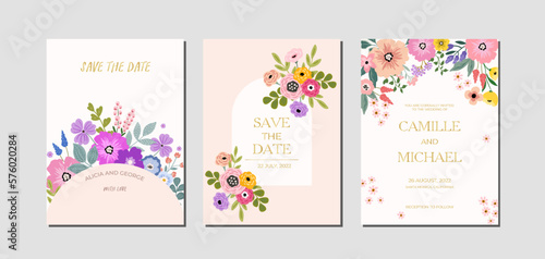 Elegant Wedding invitation and save the date card template with spring and summer vibrant floral bouquets and vector illustration background