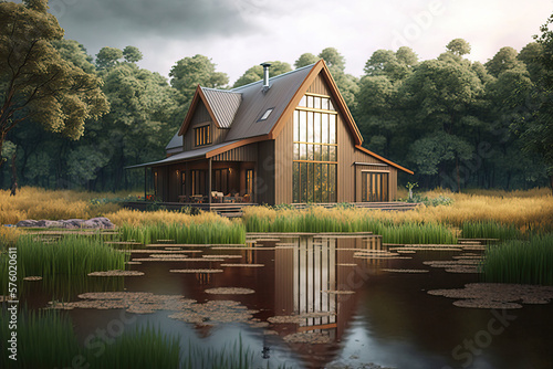 Awesome design of modern wooden house in a beautiful forest near lake. Generative IA photo