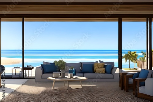 An expansive summer beach house with furniture has a living room with a view of the ocean. inside a vacation home or villa. Generative AI