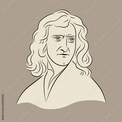 Portrait of Isaac Newton. Mathematician, Physicist, Astronomer, Alchemist, Theologian. Line and Fill. Isolated vector illustration.