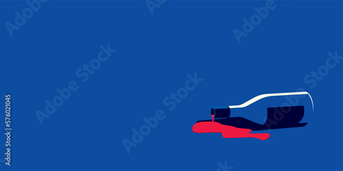 A spilled bottle of wine on a blue background in a minimal style. There is a copy space nearby.