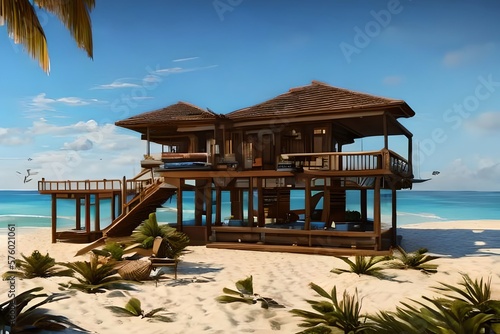 Beach living on Sea view 3d rendering. Generative AI