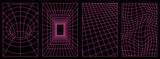 Geometry wireframe grid backgrounds in neon pink color. 3D abstract posters, patterns, cyberpunk elements in trendy psychedelic rave style. 00s Y2k retro futuristic aesthetic.