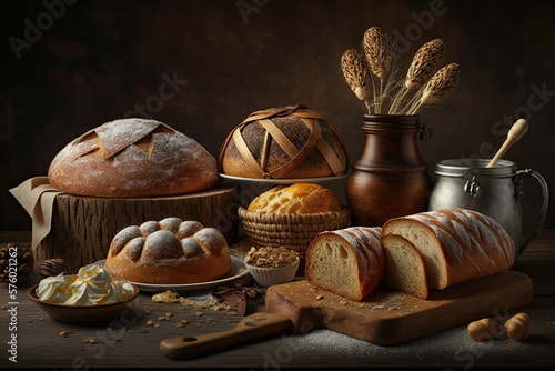 On the table are fresh, fragrant breads. Panoramic or large banner image of a bakery themed meal, generative AI