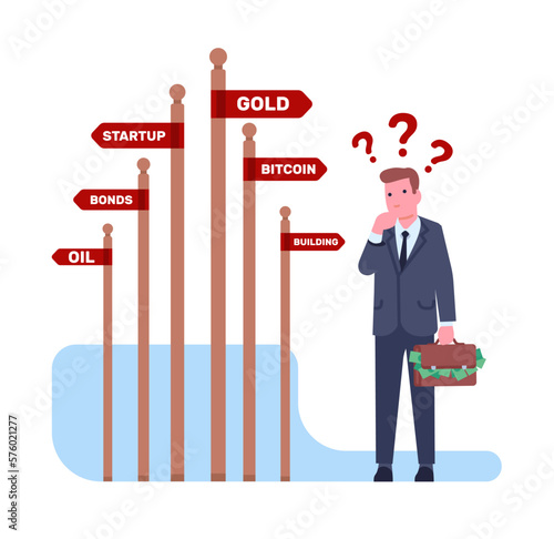 Businessman with money stands confused at signpost for alternative investment choices. Thoughtful investor. Man trader chooses way direction. Financial savings strategy. Vector concept