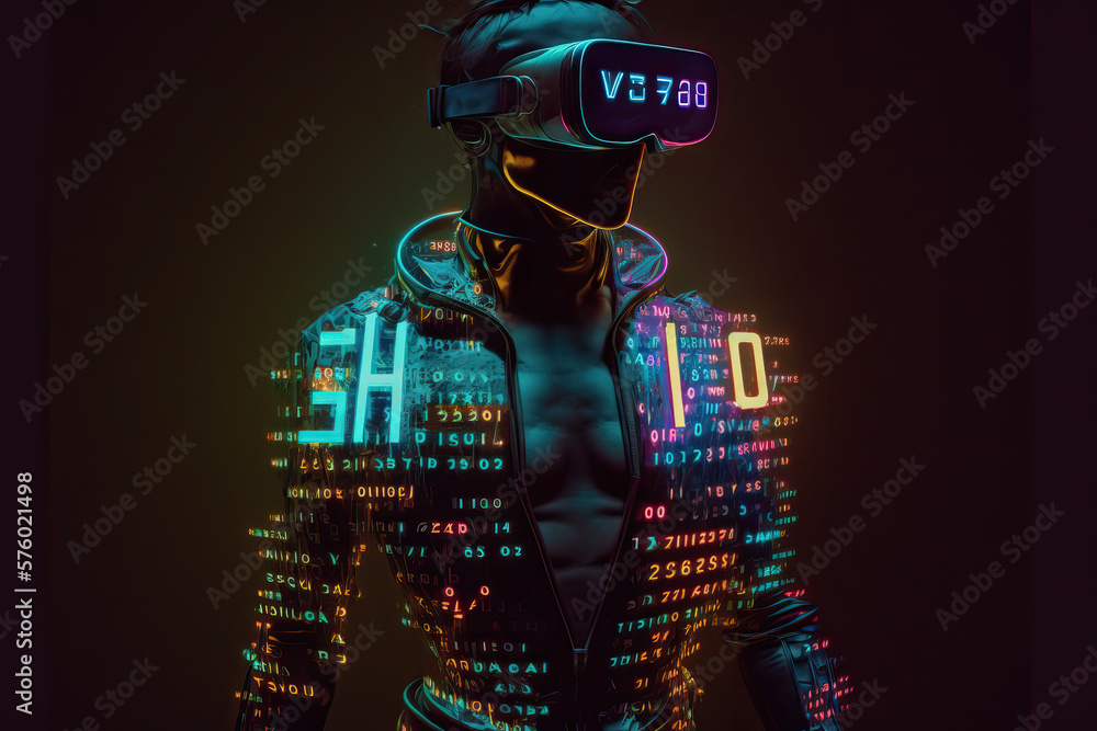 Humanoid in metaverse using VR Glasses surrounded by weird futuristic symbols. Generative IA Humanoid in metaverse using VR Glasses surrounded by weird futuristic symbols. Generative IA
