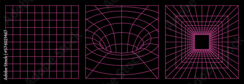 Geometry wireframe grid backgrounds in neon pink color. 3D abstract posters, patterns, cyberpunk elements in trendy psychedelic rave style. 00s Y2k retro futuristic aesthetic.