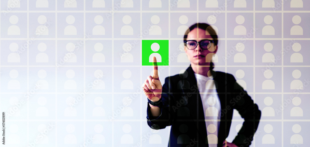 HRM manager working with virtual database of job applicants, selecting green suitable candidate for the position. HRM manager working with virtual database of job applicants, selecting green suitable candidate for the position.